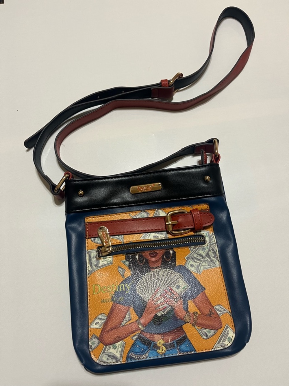 Nicole Lee Navy, Orange & Black Crossbody with Graphic Destiny Front NWOT